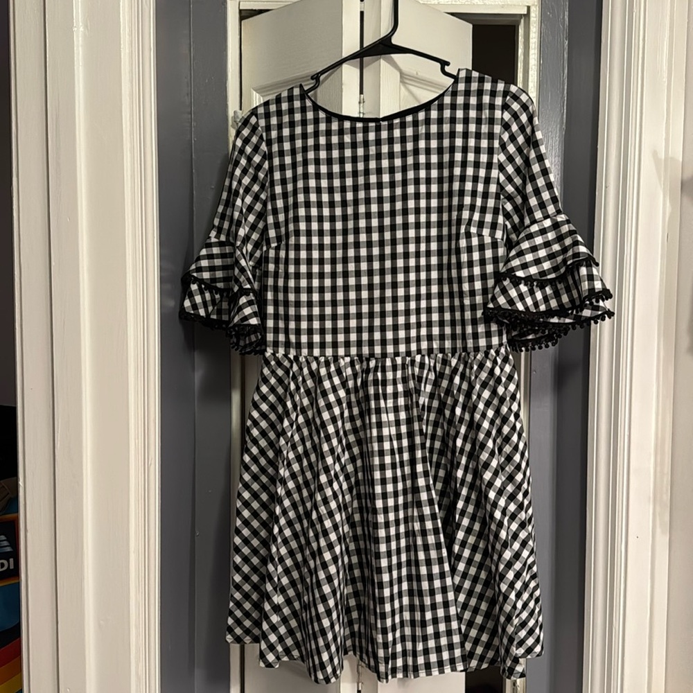 Plaid open back Pom Pom sleeve baby doll dress from byegreis size small
